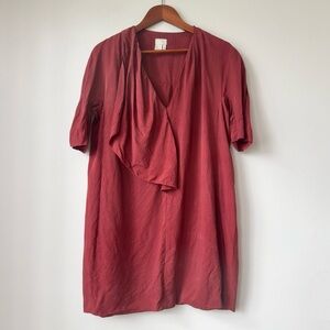 H&M | DRAPEY V-NECK ASYMMETRICAL SHOULDER RUFFLE SHIRT MINI DRESS (ANCIENT RED)